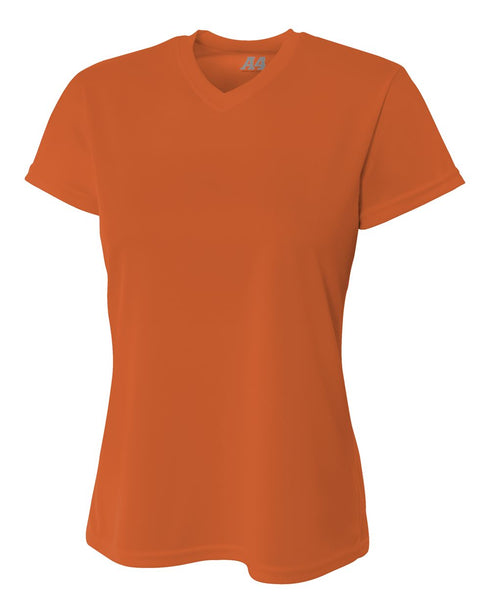 A4 Women's Short Sleeve V-Neck Birds Eye Mesh Tee (NW3254), Color 'Athletic Orange'